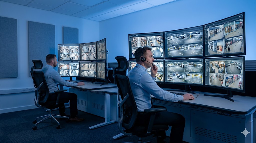 Two security operators monitoring live CCTV feeds across multiple screens